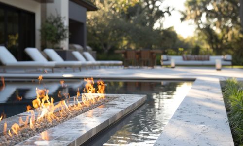 A modern backyard retreat featuring an integrated fire feature that adds an element of drama and elegance to the overall design. 2d flat cartoon.