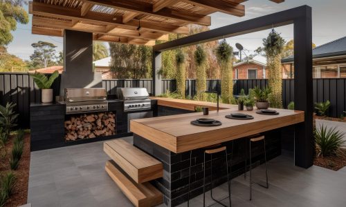 Outdoor entertainment area with built in barbecue, generative AI