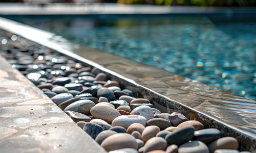 Closeup photo of pool edge which decorated with pebbles --ar 3:2 Job ID: d4cdc8a7-363d-4e0e-b0a0-2364fef828a6